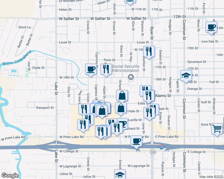 map of restaurants, bars, coffee shops, grocery stores, and more near 2700 Ernest Street in Lake Charles