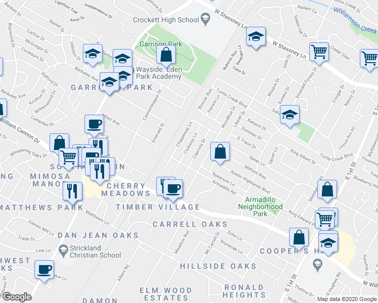map of restaurants, bars, coffee shops, grocery stores, and more near 6508 Clubway Lane in Austin