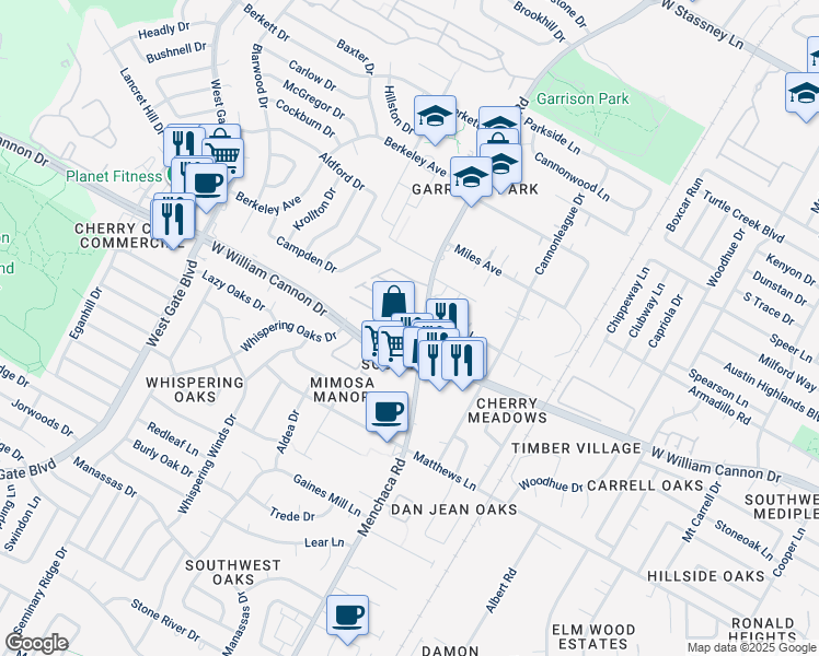 map of restaurants, bars, coffee shops, grocery stores, and more near 2100 West William Cannon Drive in Austin