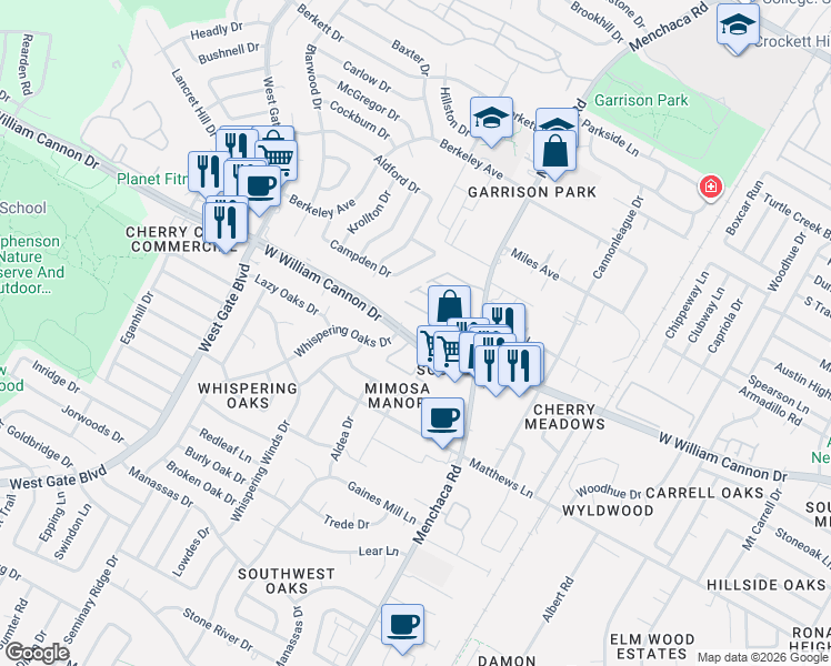 map of restaurants, bars, coffee shops, grocery stores, and more near 6804 Shier Cove in Austin