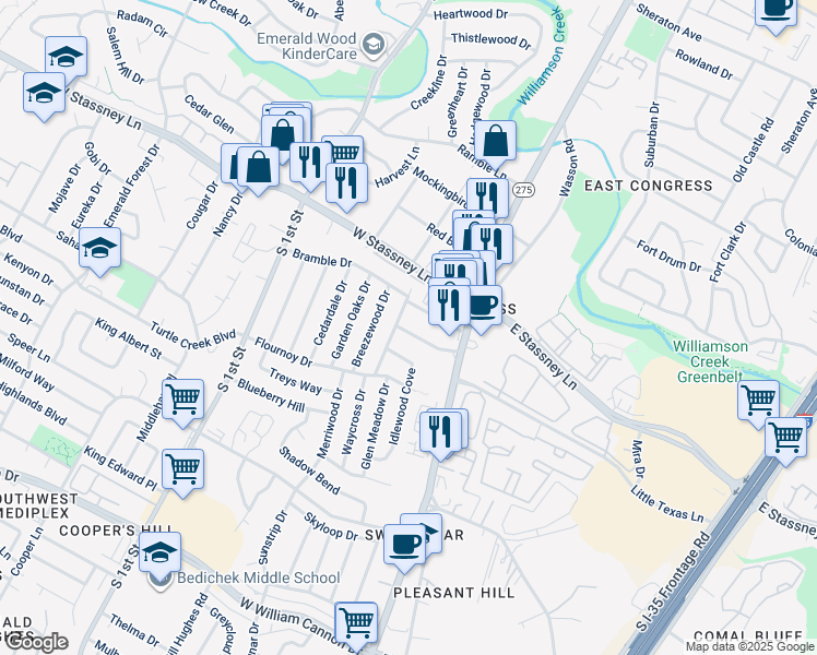 map of restaurants, bars, coffee shops, grocery stores, and more near 210 Ainsworth Street in Austin