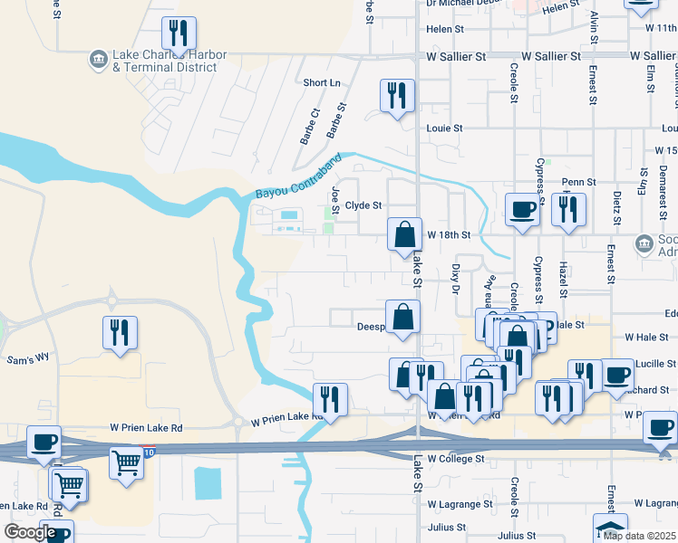 map of restaurants, bars, coffee shops, grocery stores, and more near Giovanni Street in Lake Charles