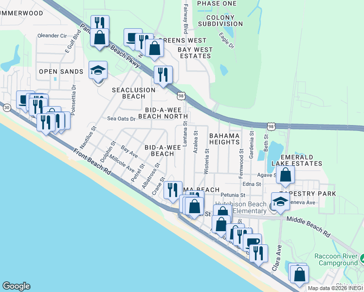 map of restaurants, bars, coffee shops, grocery stores, and more near 304 Lantana Street in Panama City Beach