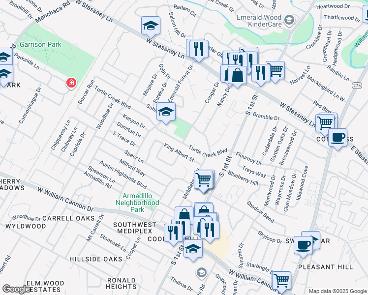 map of restaurants, bars, coffee shops, grocery stores, and more near 821 Turtle Creek Boulevard in Austin