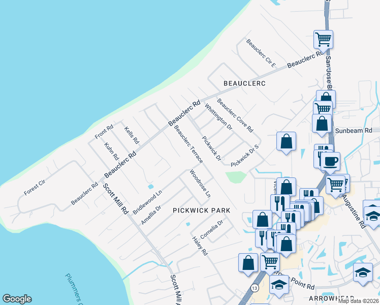 map of restaurants, bars, coffee shops, grocery stores, and more near 9665 Beauclerc Terrace in Jacksonville