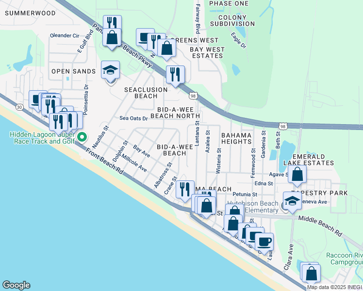 map of restaurants, bars, coffee shops, grocery stores, and more near 138 Crane Street in Panama City Beach