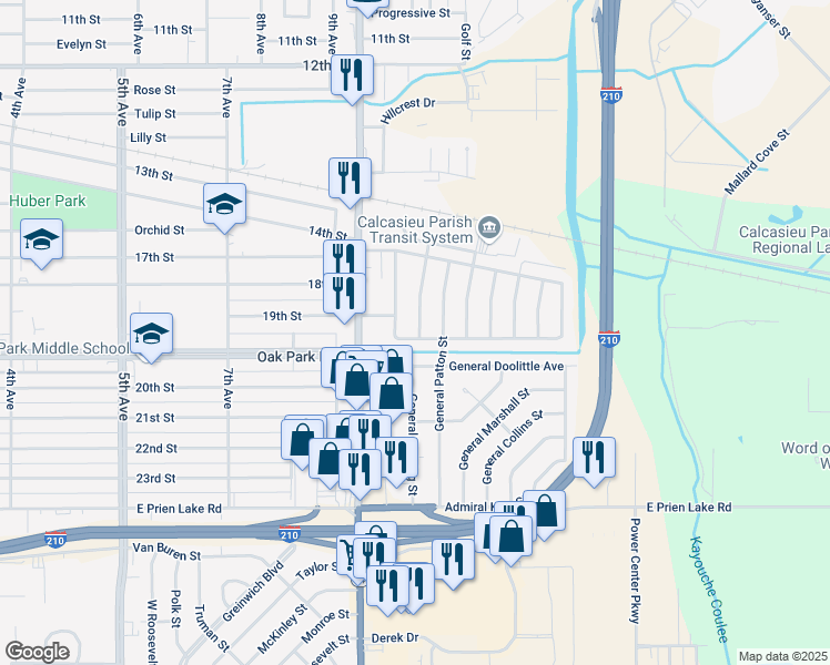 map of restaurants, bars, coffee shops, grocery stores, and more near 2725 S General Wainwright Dr in Lake Charles