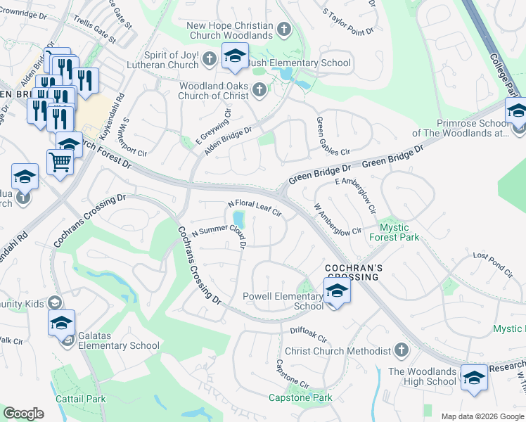 map of restaurants, bars, coffee shops, grocery stores, and more near 71 North Floral Leaf Circle in Spring