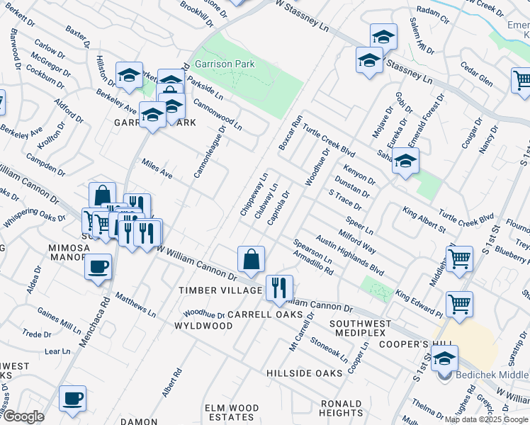 map of restaurants, bars, coffee shops, grocery stores, and more near 6508 Clubway Lane in Austin
