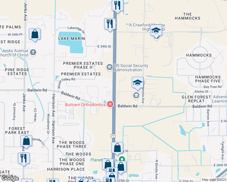 map of restaurants, bars, coffee shops, grocery stores, and more near 3016 Florida 77 in Panama City