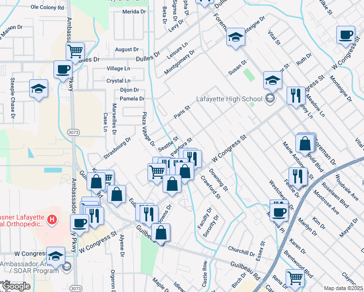 map of restaurants, bars, coffee shops, grocery stores, and more near Pandora Street in Lafayette