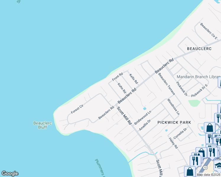 map of restaurants, bars, coffee shops, grocery stores, and more near 9516 Waterford Road in Jacksonville