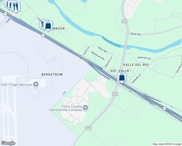 map of restaurants, bars, coffee shops, grocery stores, and more near 3080 East Highway 71 in Del Valle