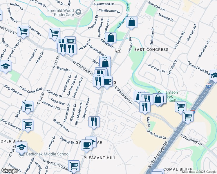 map of restaurants, bars, coffee shops, grocery stores, and more near 105 East Stassney Lane in Austin