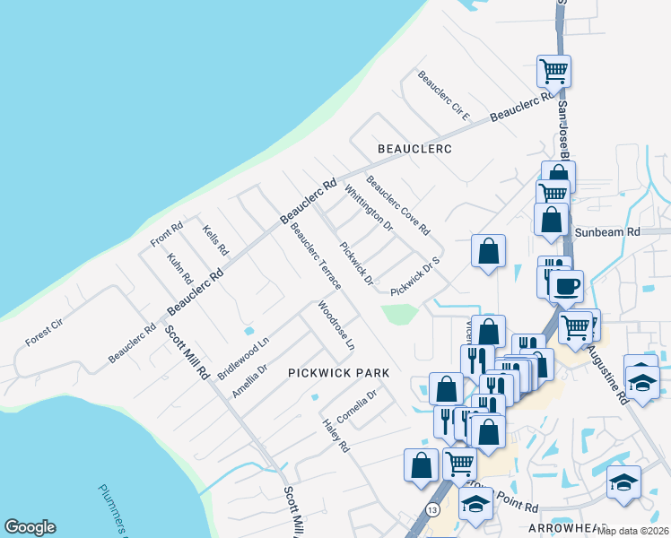 map of restaurants, bars, coffee shops, grocery stores, and more near 9665 Beauclerc Terrace in Jacksonville