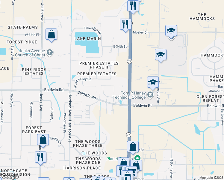 map of restaurants, bars, coffee shops, grocery stores, and more near 3101 Florida 77 in Panama City