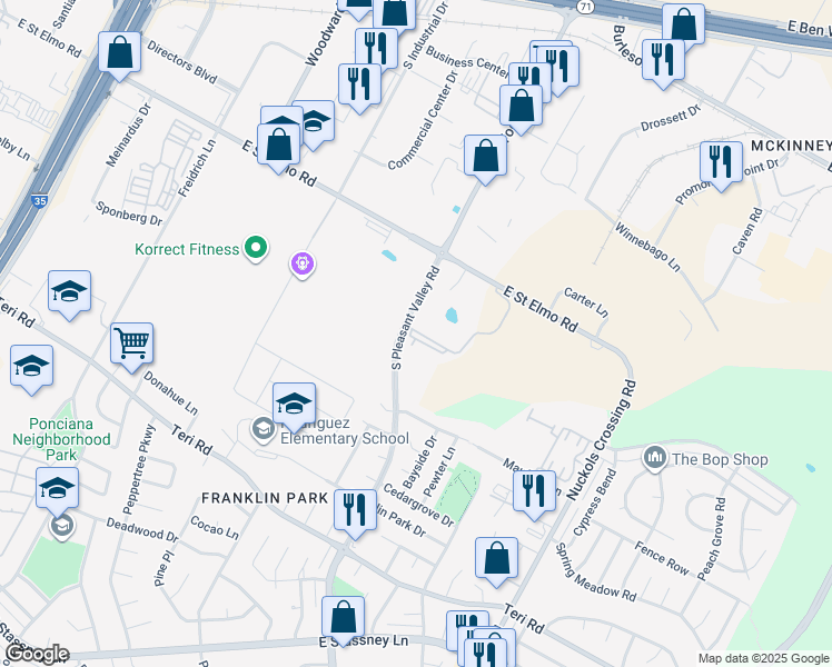 map of restaurants, bars, coffee shops, grocery stores, and more near 4509 East Saint Elmo Road in Austin