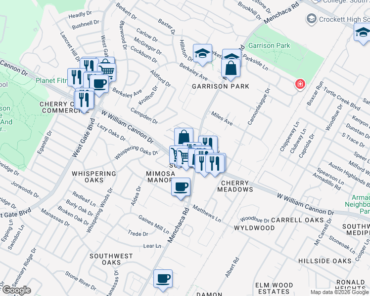 map of restaurants, bars, coffee shops, grocery stores, and more near 2100 West William Cannon Drive in Austin