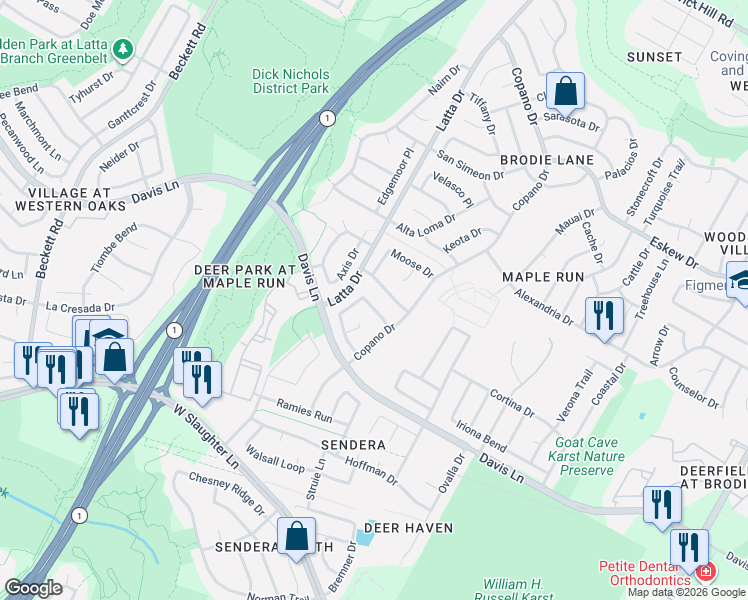 map of restaurants, bars, coffee shops, grocery stores, and more near 8651 Barrow Glen Loop in Austin