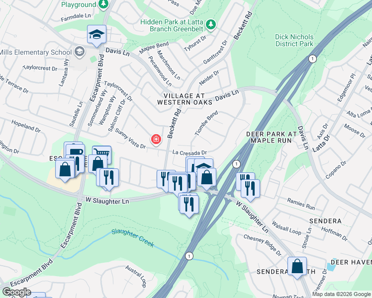 map of restaurants, bars, coffee shops, grocery stores, and more near 5401 Korth Drive in Austin