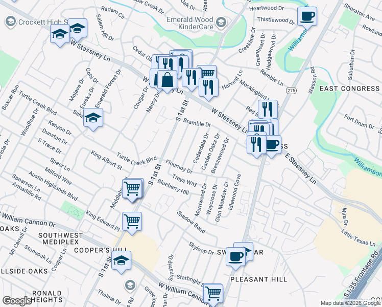 map of restaurants, bars, coffee shops, grocery stores, and more near 5809 Glenhollow Path in Austin