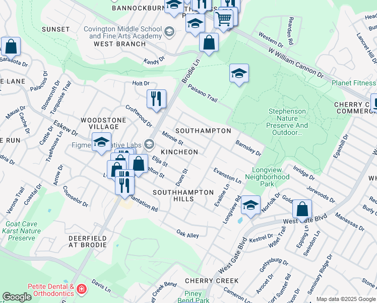 map of restaurants, bars, coffee shops, grocery stores, and more near 3315 Minnie Street in Austin