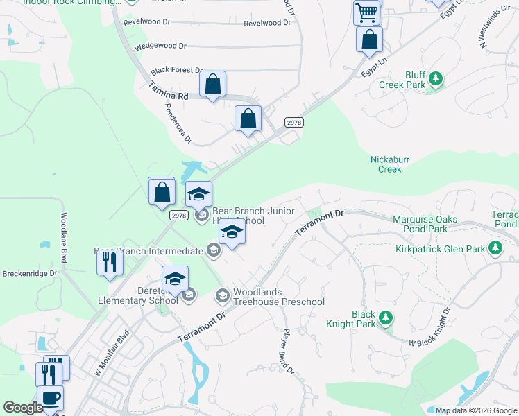 map of restaurants, bars, coffee shops, grocery stores, and more near 14 Pawprint Place in The Woodlands