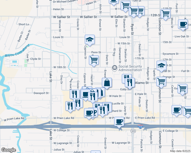 map of restaurants, bars, coffee shops, grocery stores, and more near 2700 Ernest Street in Lake Charles