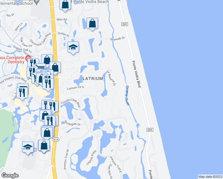 map of restaurants, bars, coffee shops, grocery stores, and more near 427 La Rese'Rve Circle in Ponte Vedra