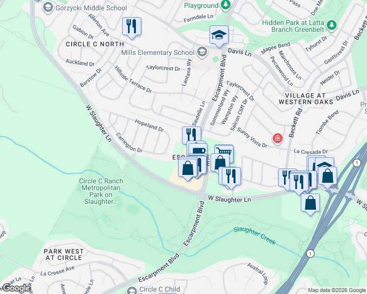 map of restaurants, bars, coffee shops, grocery stores, and more near 9308 Escarpment Boulevard in Austin