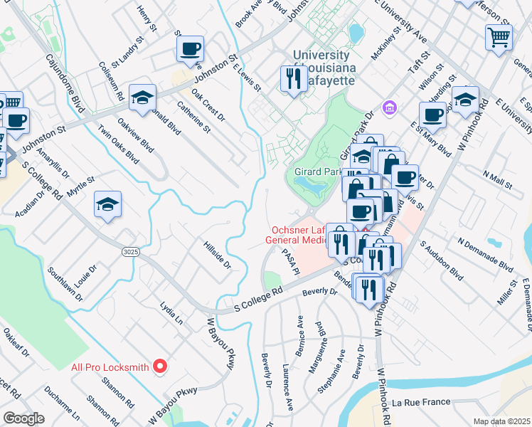 map of restaurants, bars, coffee shops, grocery stores, and more near 120 Girard Woods Drive in Lafayette