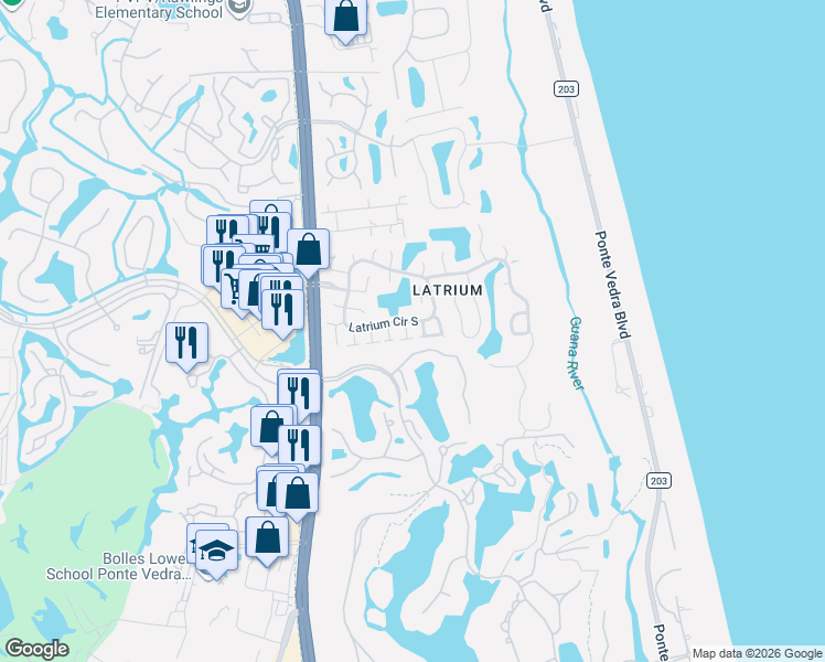map of restaurants, bars, coffee shops, grocery stores, and more near 2752 Biarritz Court in Ponte Vedra Beach