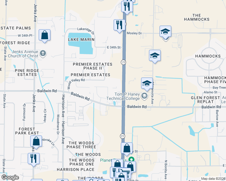 map of restaurants, bars, coffee shops, grocery stores, and more near 3101 Florida 77 in Panama City