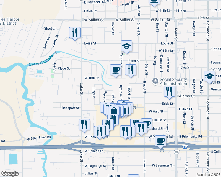 map of restaurants, bars, coffee shops, grocery stores, and more near 661 Dixy Drive in Lake Charles