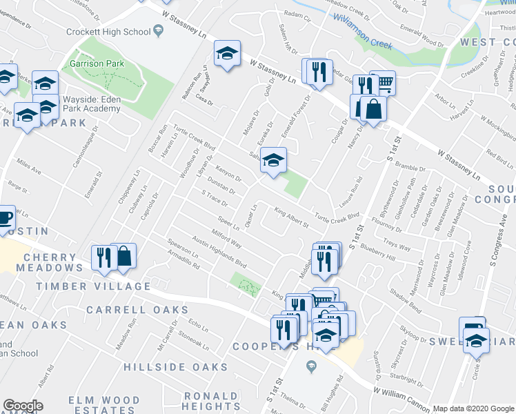 map of restaurants, bars, coffee shops, grocery stores, and more near 6302 Okner Lane in Austin