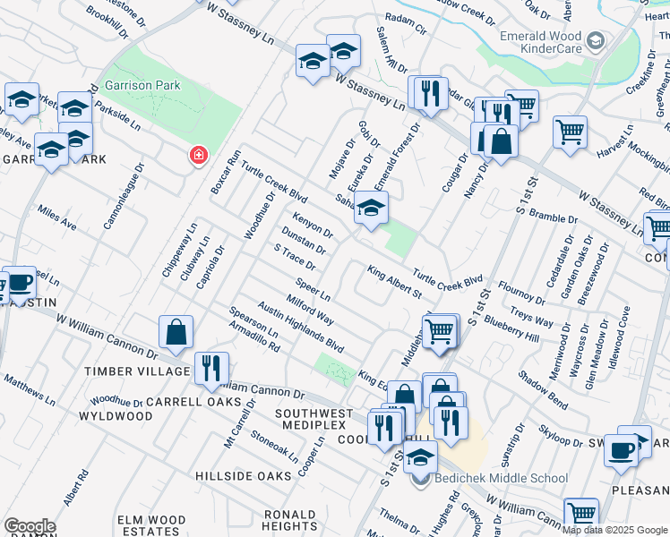 map of restaurants, bars, coffee shops, grocery stores, and more near 6302 Okner Lane in Austin