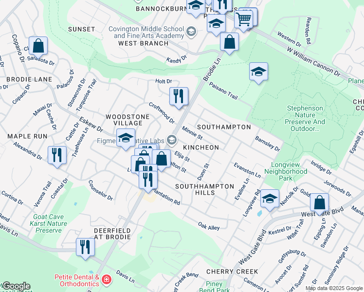 map of restaurants, bars, coffee shops, grocery stores, and more near 3418 Elija Street in Austin