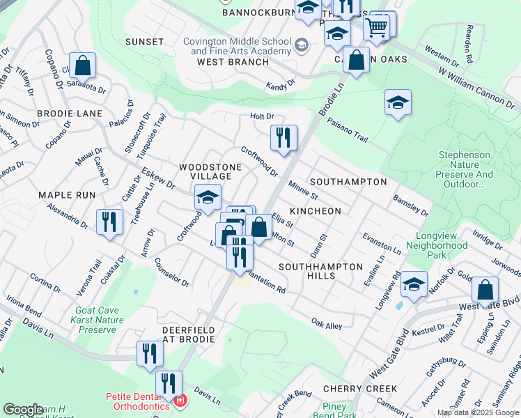 map of restaurants, bars, coffee shops, grocery stores, and more near 7904 Brodie Lane in Austin