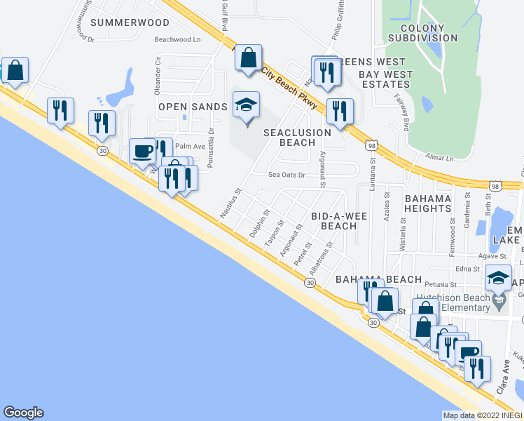 map of restaurants, bars, coffee shops, grocery stores, and more near 502 Dolphin Street in Panama City Beach