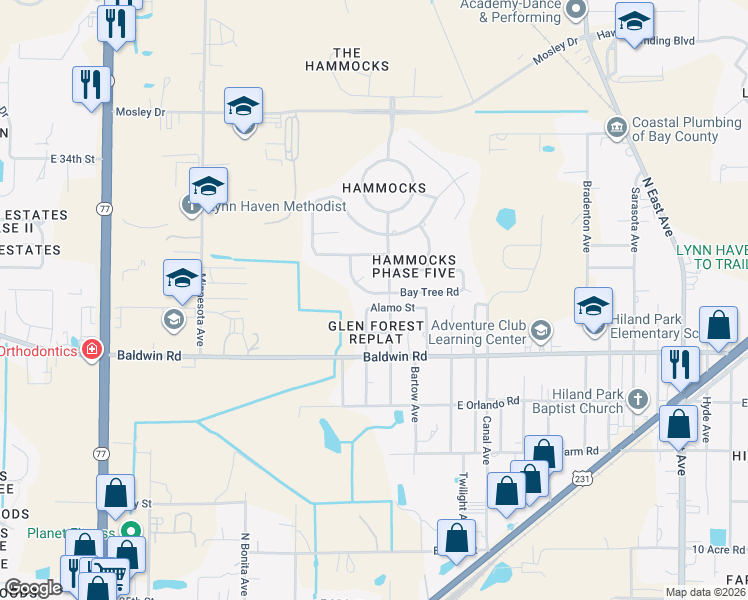 map of restaurants, bars, coffee shops, grocery stores, and more near 3620 Baytree Road in Lynn Haven