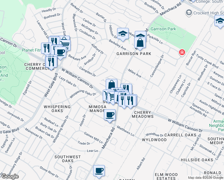 map of restaurants, bars, coffee shops, grocery stores, and more near 2100 West William Cannon Drive in Austin