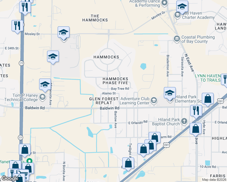 map of restaurants, bars, coffee shops, grocery stores, and more near 2110 Alamo Street in Panama City