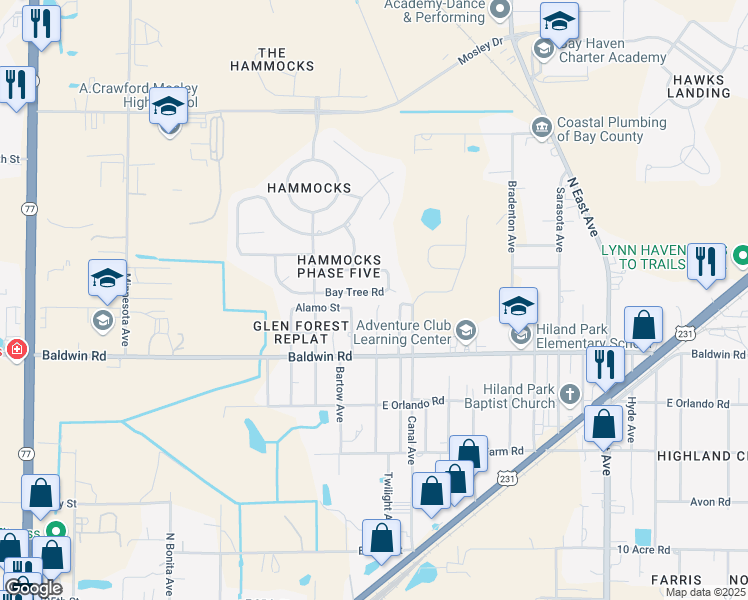map of restaurants, bars, coffee shops, grocery stores, and more near 3744 Bay Tree Road in Lynn Haven