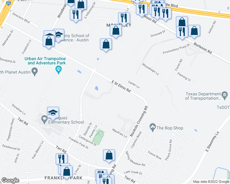 map of restaurants, bars, coffee shops, grocery stores, and more near 4601 East Saint Elmo Road in Austin
