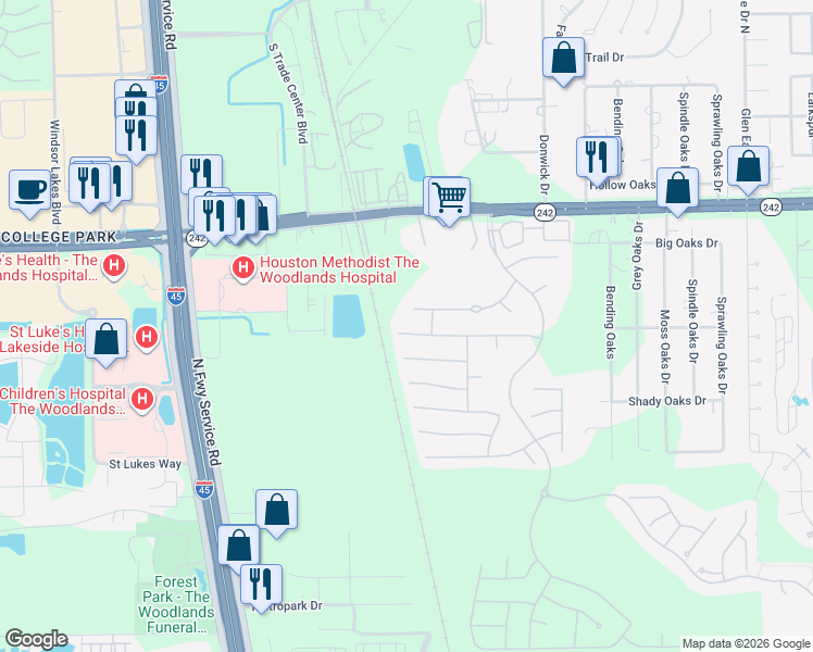 map of restaurants, bars, coffee shops, grocery stores, and more near 8120 Tranquil Lake Way in Conroe