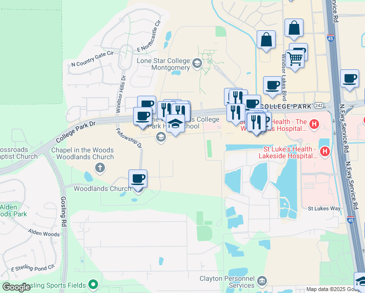 map of restaurants, bars, coffee shops, grocery stores, and more near 3701 College Park Drive in Conroe