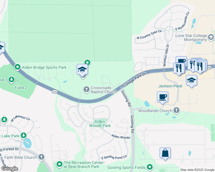 map of restaurants, bars, coffee shops, grocery stores, and more near 4400 College Park Drive in The Woodlands