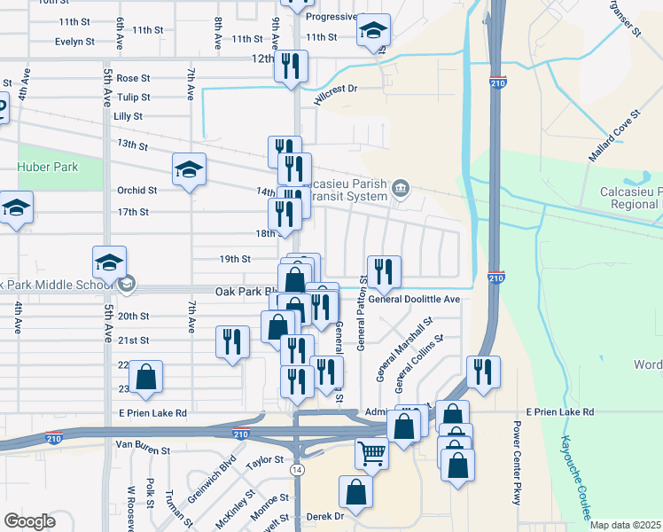 map of restaurants, bars, coffee shops, grocery stores, and more near 2725 S General Wainwright Dr in Lake Charles