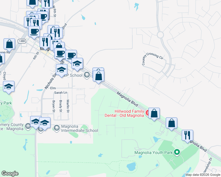 map of restaurants, bars, coffee shops, grocery stores, and more near 32010 Pine Crossing in Magnolia