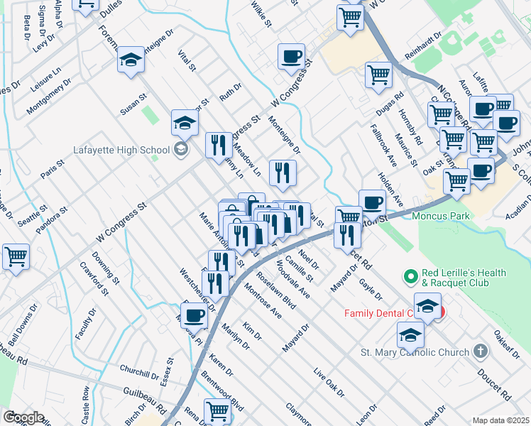 map of restaurants, bars, coffee shops, grocery stores, and more near 116 Foreman Drive in Lafayette